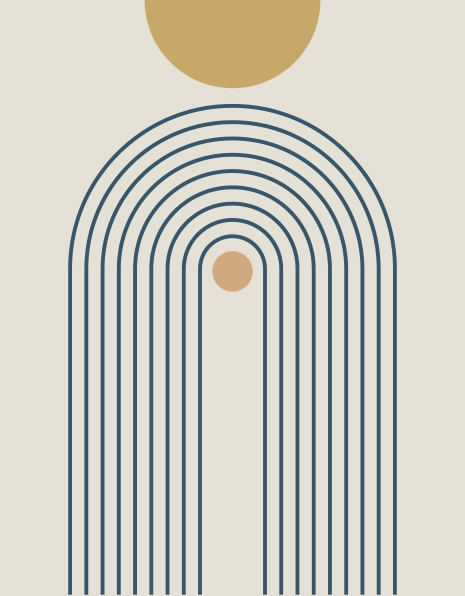 Illustrazione geometrica con un arco costruito con delle linee sottili di colore blu e, al suo interno un piccolo cerchio color salmone, al di sopra dell'arco vi è un secondo cerchio più grande, di colore oro